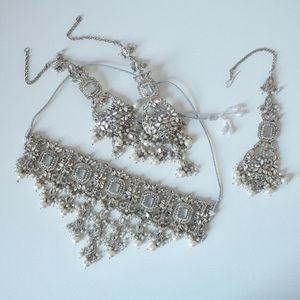 Silver Mirrored Indian Jewelry Set / Choker Necklace, Earrings & Tikka